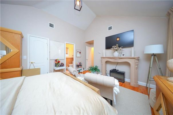 Bedroom, Fireplace, Interior, Wood Texture Flooring