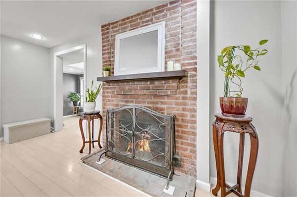 Fireplace, Interior, Recessed Lighting, Stone Walls, Wood Texture Flooring