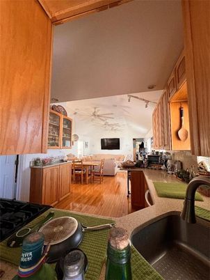 Dining room, Fireplace, Interior, Kitchen, Living room, Wood Texture Flooring