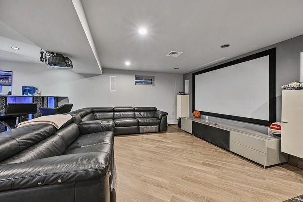 Interior, Projection Screen, Recessed Lighting, Theatre Room, Wood Texture Flooring