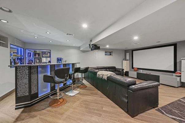 Interior, Projection Screen, Recessed Lighting, Theatre Room, Wood Texture Flooring