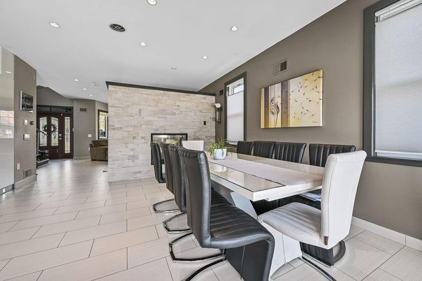 Dining room, Fireplace, Interior, Recessed Lighting, Stone Walls