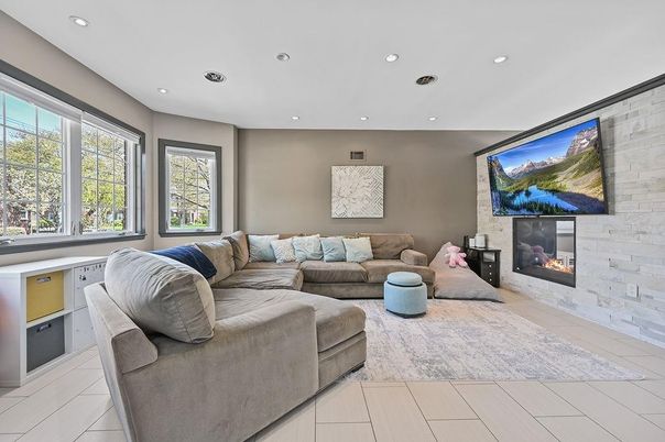 Fireplace, Interior, Living room, Recessed Lighting, Stone Walls