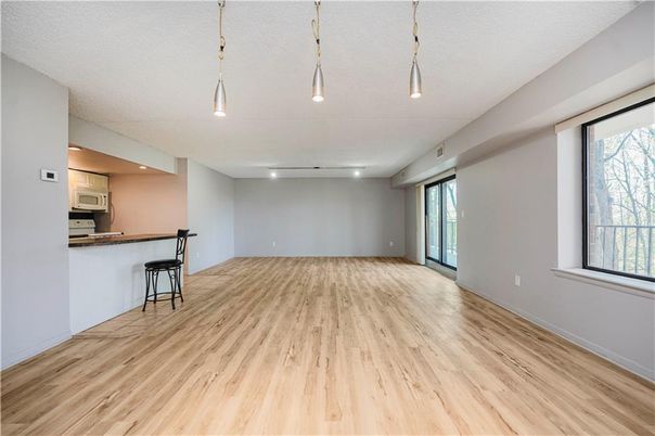 Empty room, Interior, Kitchen, Pendant Lights, Recessed Lighting, Wood Texture Flooring