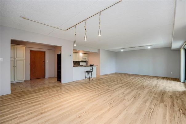 Empty room, Interior, Kitchen, Pendant Lights, Recessed Lighting, Wood Texture Flooring