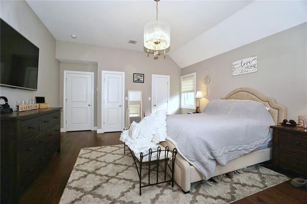 Bedroom, Chandelier, Interior, Pendant Lights, Wood Texture Flooring