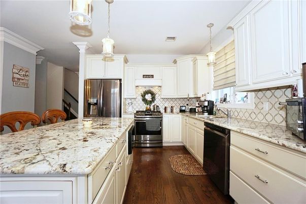 Interior, Kitchen, Pendant Lights, Stainless Steel Appliances, Wood Texture Flooring