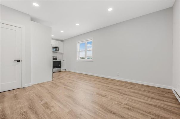 Empty room, Interior, Kitchen, Recessed Lighting, Wood Texture Flooring