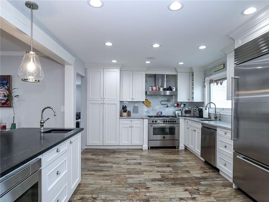 Interior, Kitchen, Pendant Lights, Recessed Lighting, Stainless Steel Appliances, Wood Texture Flooring