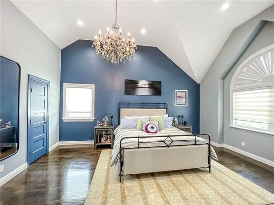 Bedroom, Chandelier, Interior, Recessed Lighting, Wood Texture Flooring