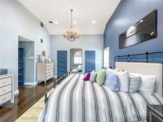 Bedroom, Chandelier, Interior, Recessed Lighting, Wood Texture Flooring