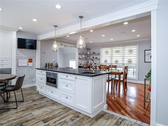 Dining room, Interior, Pendant Lights, Recessed Lighting, Wood Texture Flooring