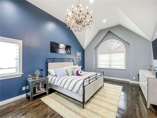 Bedroom, Chandelier, Interior, Recessed Lighting, Wood Texture Flooring