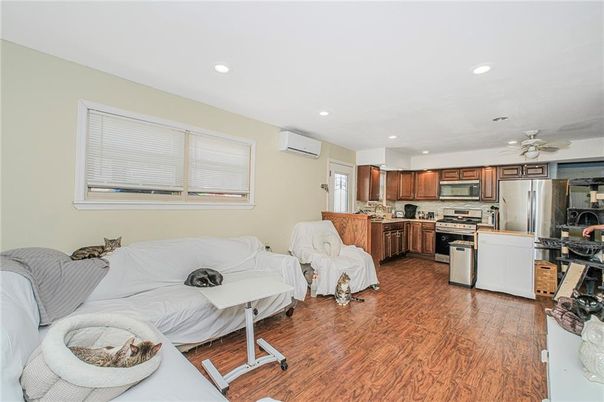 Interior, Kitchen, Living room, Recessed Lighting, Stainless Steel Appliances, Wood Texture Flooring