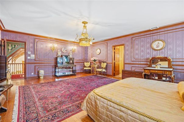 Bedroom, Chandelier, Interior, Wood Texture Flooring