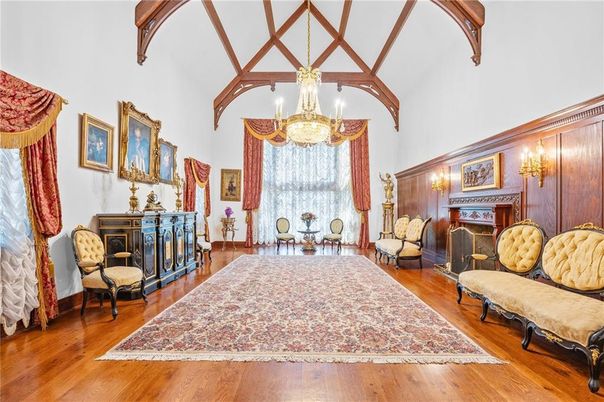 Chandelier, Fireplace, Interior, Wooden Beams, Wood Texture Flooring