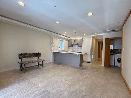 Interior, Kitchen, Marble Walls, Pendant Lights, Recessed Lighting, Washer