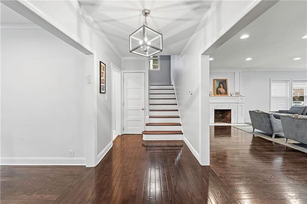 Fireplace, Interior, Pendant Lights, Recessed Lighting, Wood Texture Flooring