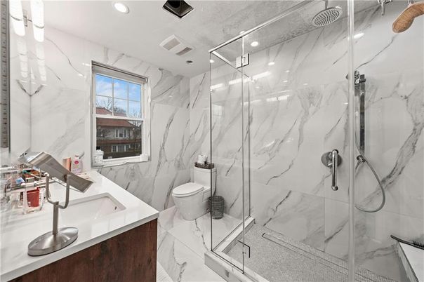 Bathroom, Glass Shower, Interior, Marble, Marble Walls, Recessed Lighting