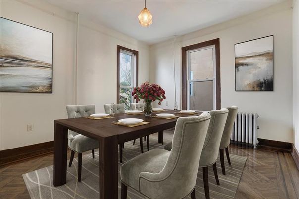 Dining room, Interior, Pendant Lights, Wood Texture Flooring