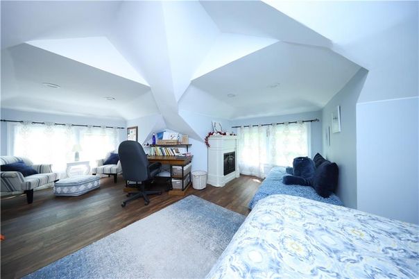 Bedroom, Fireplace, Home Office, Interior, Wood Texture Flooring
