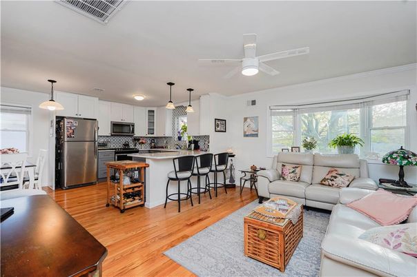 Dining room, Interior, Kitchen, Living room, Pendant Lights, Stainless Steel Appliances, Wood Texture Flooring