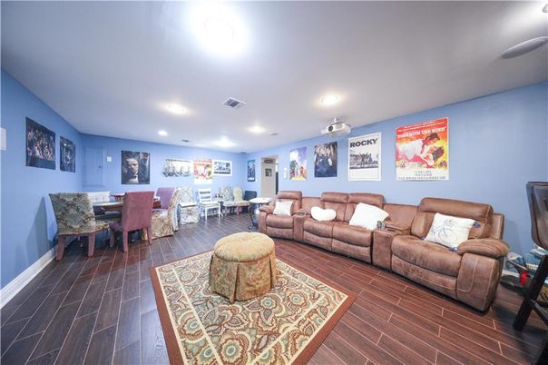 Dining room, Interior, Living room, Recessed Lighting, Wood Texture Flooring