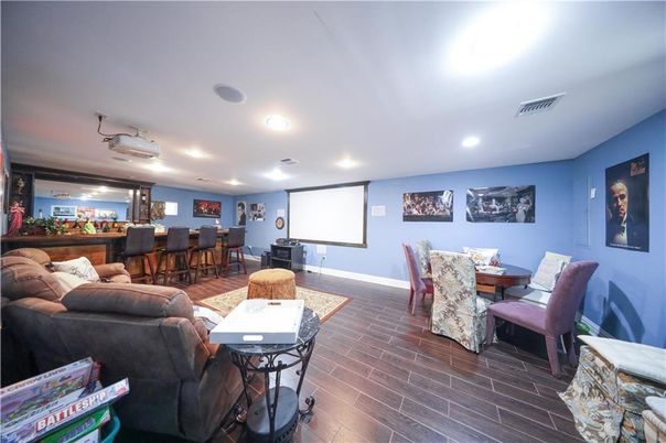 Dining room, Interior, Living room, Recessed Lighting, Wood Texture Flooring