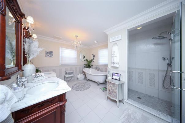 Bathroom, Chandelier, Dual Sink Vanities, Glass Shower, Interior, Marble, Recessed Lighting