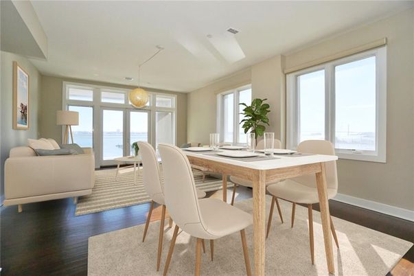 Dining room, Interior, Living room, Pendant Lights, Water, Wood Texture Flooring