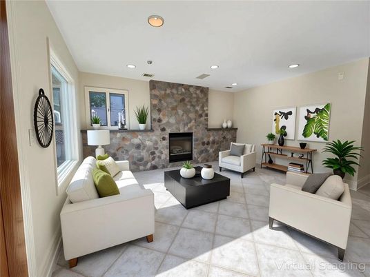 Fireplace, Interior, Living room, Recessed Lighting, Stone Walls