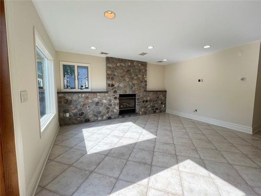 Empty room, Fireplace, Interior, Recessed Lighting, Stone Walls