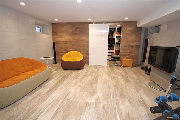 Fitness Equipment, Interior, Recessed Lighting, Wood Texture Flooring, Wooden Walls