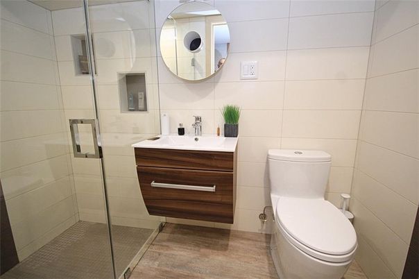 Bathroom, Glass Shower, Interior, Wood Texture Flooring
