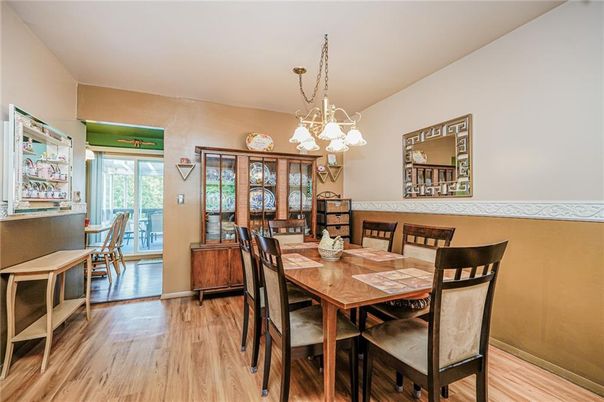 Dining room, Interior, Pendant Lights, Wood Texture Flooring