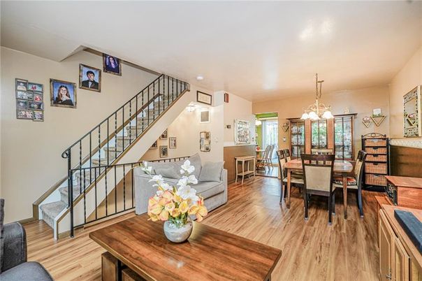 Dining room, Interior, Living room, Pendant Lights, Wood Texture Flooring