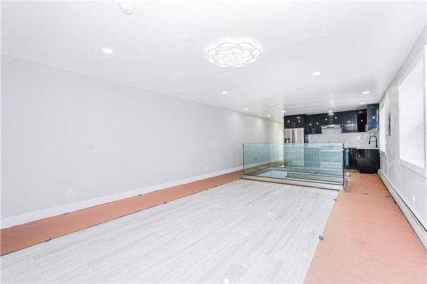 Interior, Kitchen, Marble, Marble Walls, Recessed Lighting, Wood Texture Flooring