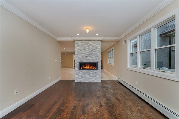 Empty room, Fireplace, Interior, Recessed Lighting, Wood Texture Flooring