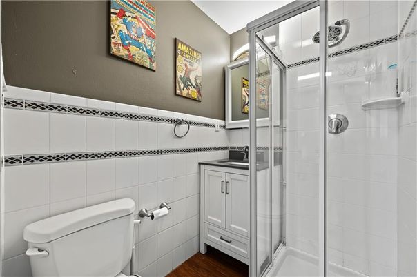 Bathroom, Glass Shower, Interior, Wood Texture Flooring