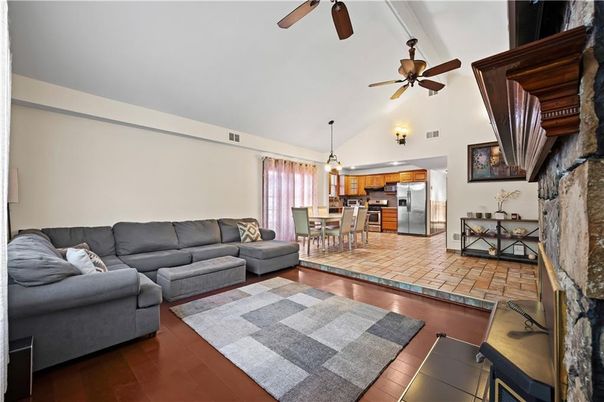 Dining room, Interior, Kitchen, Living room, Pendant Lights, Stainless Steel Appliances, Wood Texture Flooring