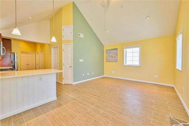 Empty room, Interior, Kitchen, Pendant Lights, Recessed Lighting, Wood Texture Flooring