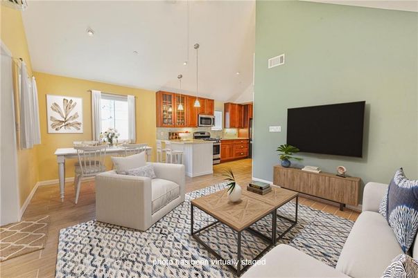 Dining room, Interior, Kitchen, Living room, Pendant Lights, Recessed Lighting, Stainless Steel Appliances, Wood Texture Flooring