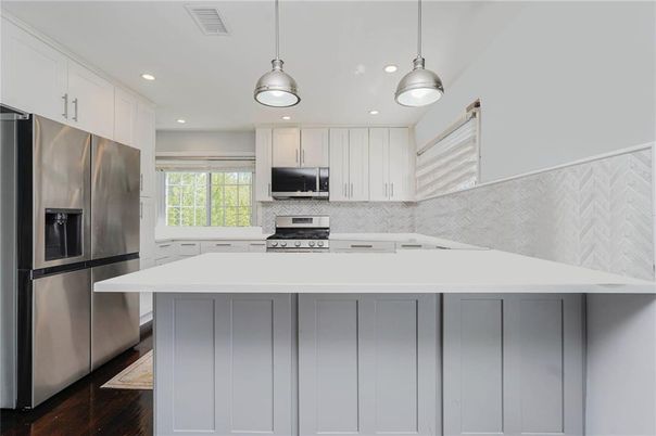 Interior, Kitchen, Pendant Lights, Recessed Lighting, Stainless Steel Appliances, Wood Texture Flooring