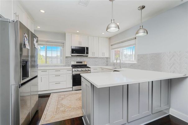 Interior, Kitchen, Pendant Lights, Recessed Lighting, Stainless Steel Appliances, Wood Texture Flooring