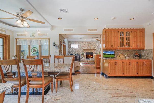 Dining room, Fireplace, Interior, Kitchen, Recessed Lighting