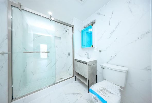 Bathroom, Glass Shower, Interior, Marble, Marble Walls, Recessed Lighting