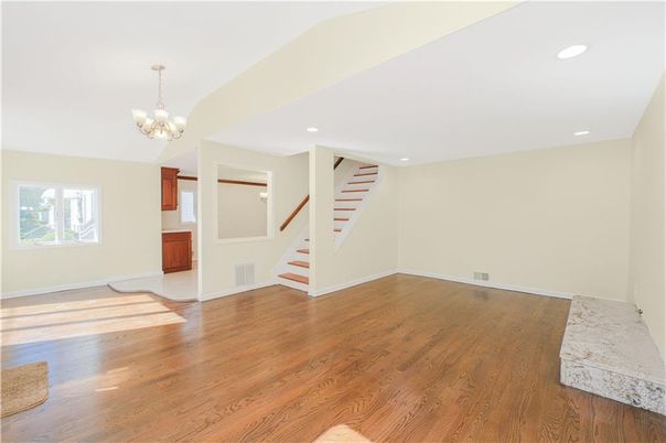 Chandelier, Empty room, Interior, Recessed Lighting, Wood Texture Flooring