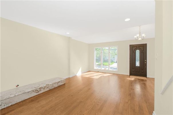 Chandelier, Empty room, Interior, Recessed Lighting, Wood Texture Flooring