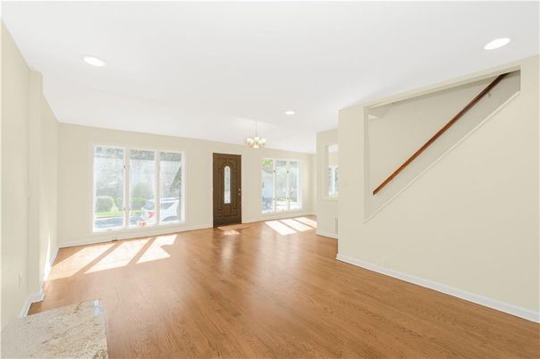 Chandelier, Empty room, Interior, Recessed Lighting, Wood Texture Flooring