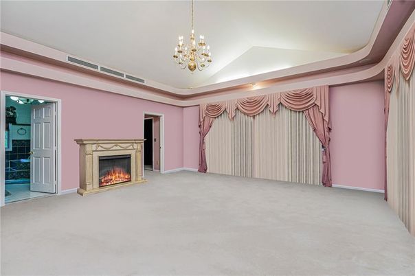 Chandelier, Empty room, Fireplace, Interior
